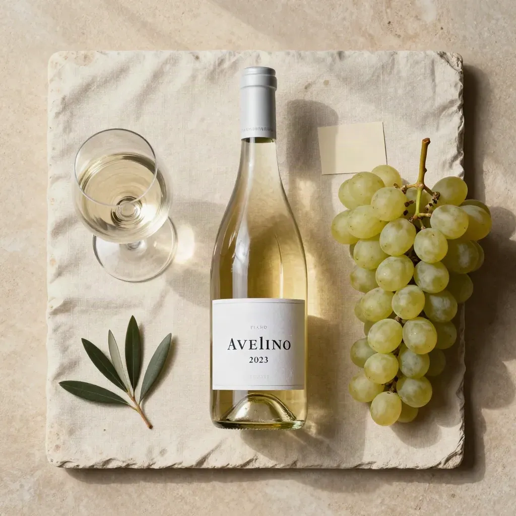 Bottiglia di Fiano, uva bianca, foglia d'olivo e bicchiere su lino crema.