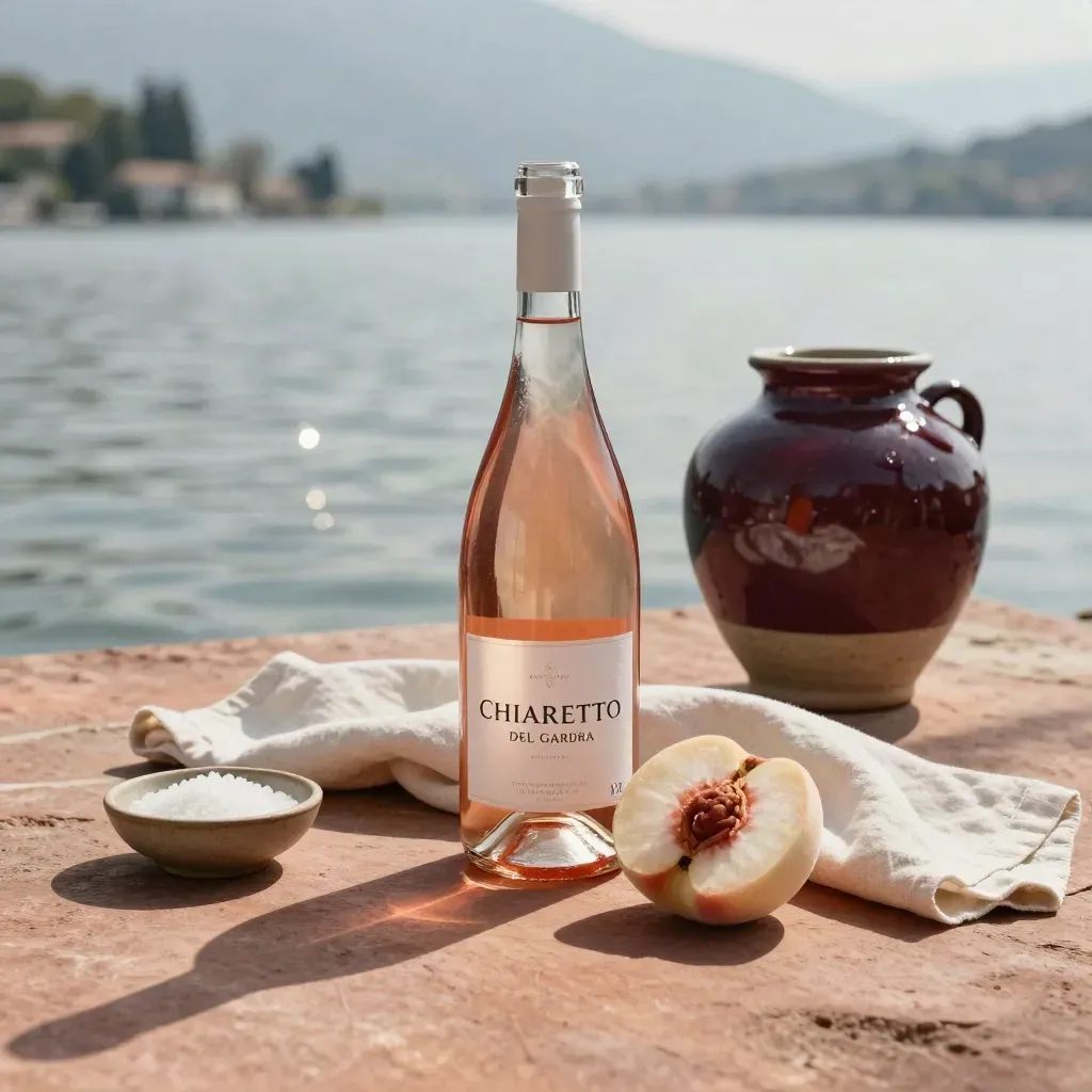 Bottiglia di Chiaretto del Garda con pesca bianca, sale grosso, lino e vaso in ceramica