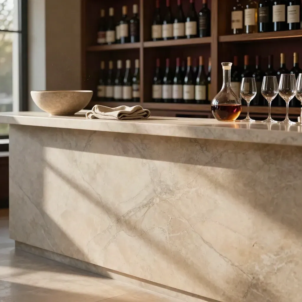 Salotto enoteca in pietra chiara con bottiglie sfocate e luce calda sul marmo.